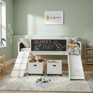 Low Twin Loft Bed with Slide, Kids Twin Size Loft Bed with 2 Storage Boxes, Wood Loft Bed Frame with Climbing Ladder and Blackboard for Kids Boys Girls Teens, White