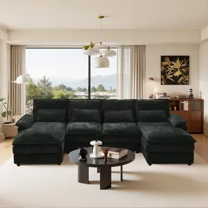 110" Modular Sectional Sofa Cloud Couch with Double Chaise Lounge , U Shaped Chenille Upholstered Leisure Sofa&Couches with Memory Foam and Waist Pillows for Living Room Office,Black.