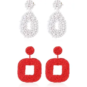 FINREZIO 2 Pairs Colorful Exquisite Handmade Beaded Statement Earrings Set for Women Men White Seed Bead Teardrop Dangle Earrings Red Square Drop Earrings Boho Beaded Earrings Set for Summer Beach Vacation Party Gift Giving