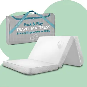 Foldable Travel Pack n Play Mattress Pad with Bag, Waterproof Portable Mini Crib Mattress, Baby Bed Playpen Memory Foam Topper, Playard Accessories, Travel Case Included