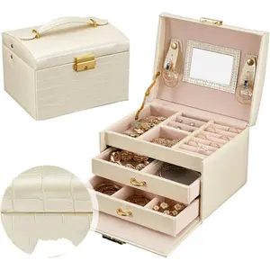 PU Leather Jewelry Storage Box, Lockable 3-Layer Design, Portable Display Case with Mirror for Daily & Travel Use-1973
