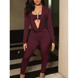 Women’s solid-color slim knit jumpsuit; fashionable, chic, sexy wrap-style long-sleeve cutout jumpsuit; elegant spring–summer streetwear for women GARMENTARY