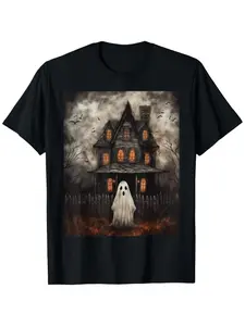 [Fast Arrival] Vintage Ghost Haunted House Midnight Halloween Ghost Spooky T-Shirt for Men Women Unsex Soft Fabric Breathable Comfortable Black Short Sleeve Tees Perfect for Autumn Must-have Fashionable Tee