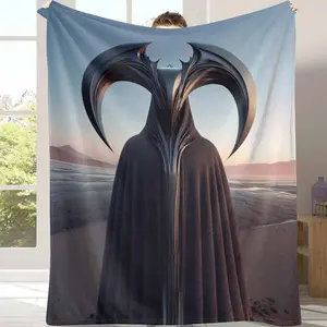 Mystic Dark Cloaked Figure Flannel Blanket， Abstract Surreal Armor Design Print， Soft Warm Lightweight Cozy Texture， Perfect for Bedroom Décor， Sofa Lounge， Meditation Space， Halloween Gift， Artistic Home Decoration， Relaxation Retreat Use