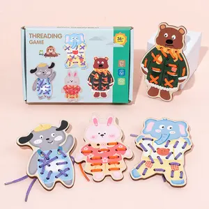Wooden Lacing Threading Toys, Fine Motor Skills Educational Puzzles, Wooden Animal Dinosaur Threading Set Sorting & Stacking Toy for Toddlers Kids Ages 3–6