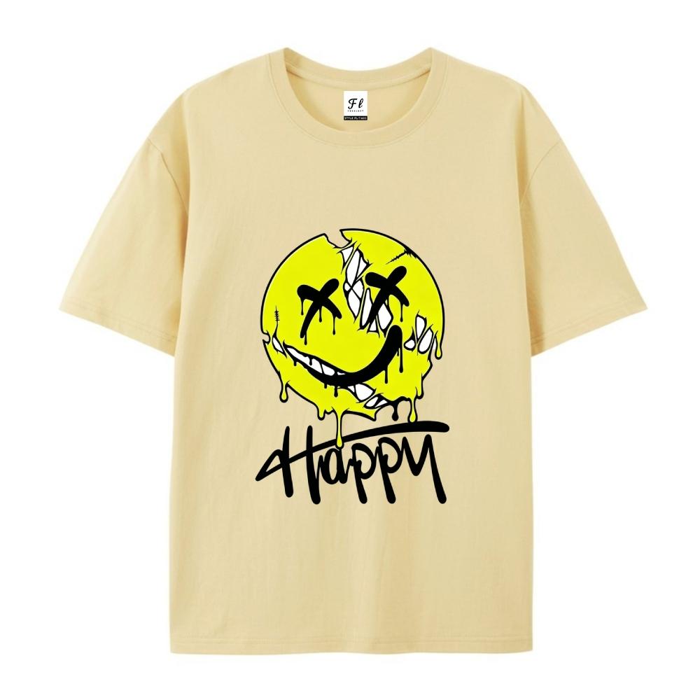 OveHappy Dripping Smiley Print T-Shirt Men Women rsized Casual Streetwear Short Sleeve Tops