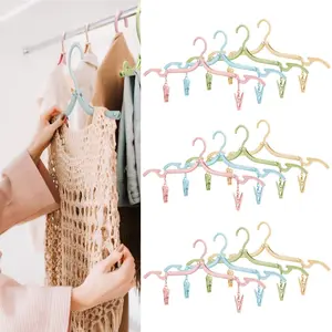 12 Piece Plastic Folding Clothes Hanger Set - with Clip, Colorful Laundry Clothes Hanger, Suitable for Clothing Hanging, Sock and Underwear Storage