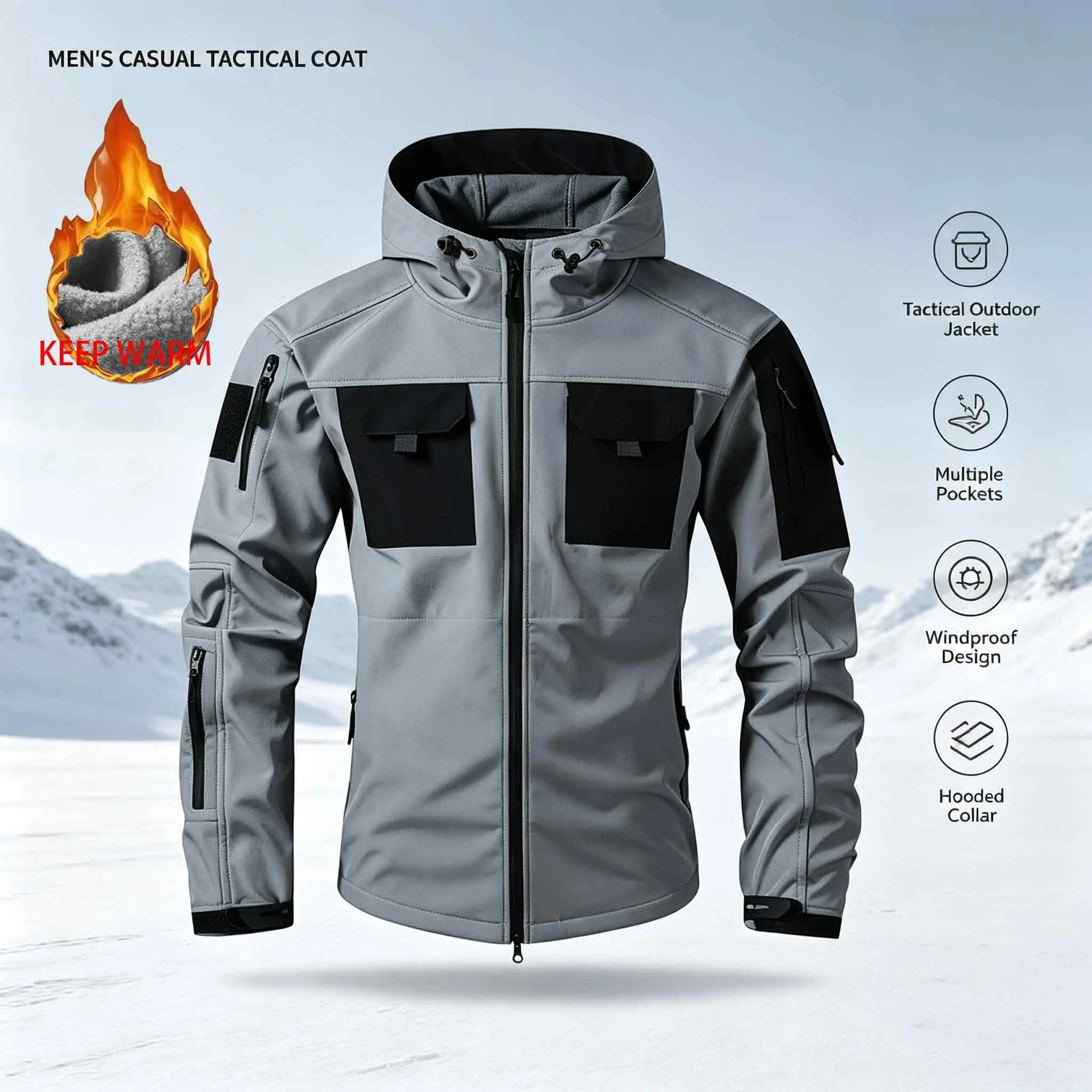 Men’s Tactical Fleece-Lined 3-Color Windproof Hooded Jacket - Multi-Pocket Functional Workwear for Autumn/Winter Mountaineering
