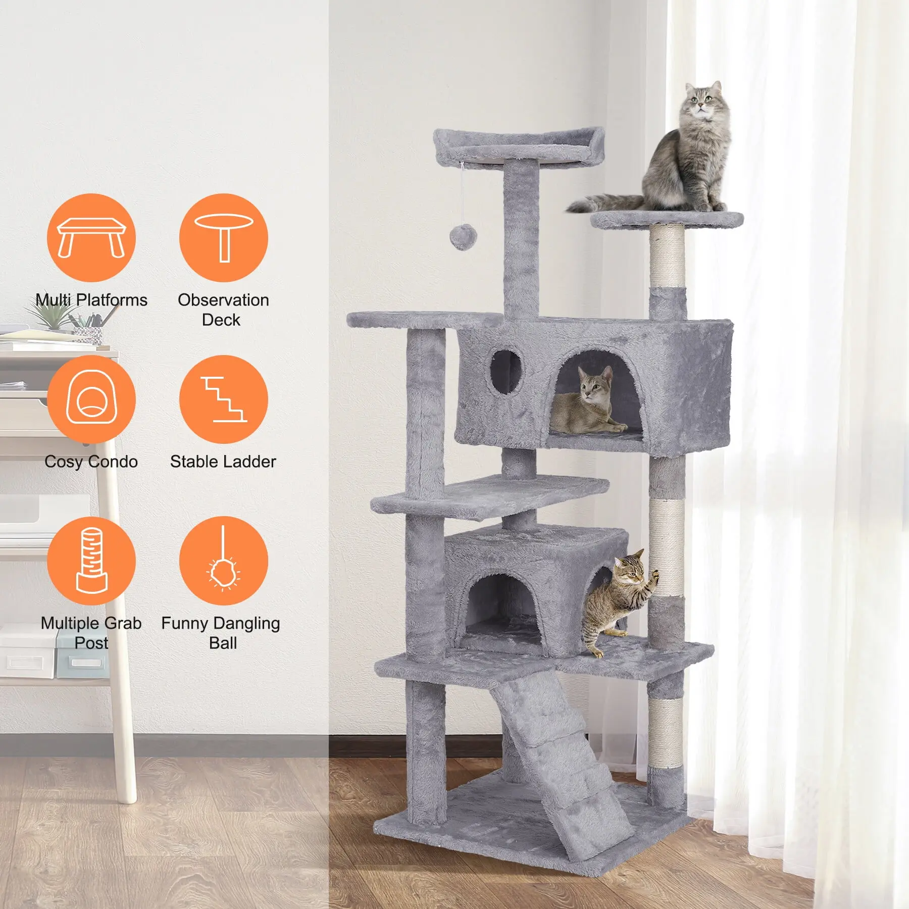 Pet Republic 55in H Multi-Level Cat Tree with Double Condo Rooms, Natural Sisal Scratching Posts & Vertical Scratcher, Safe Climbing for 44lbs Cats, Ideal for Claw Care, Rest & Playtime