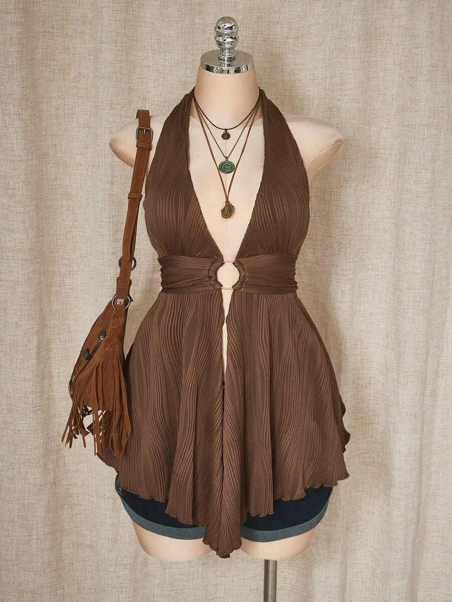 Style Hollow Out Asymmetrical Hem Babydoll Halter Neck Knit Camisole