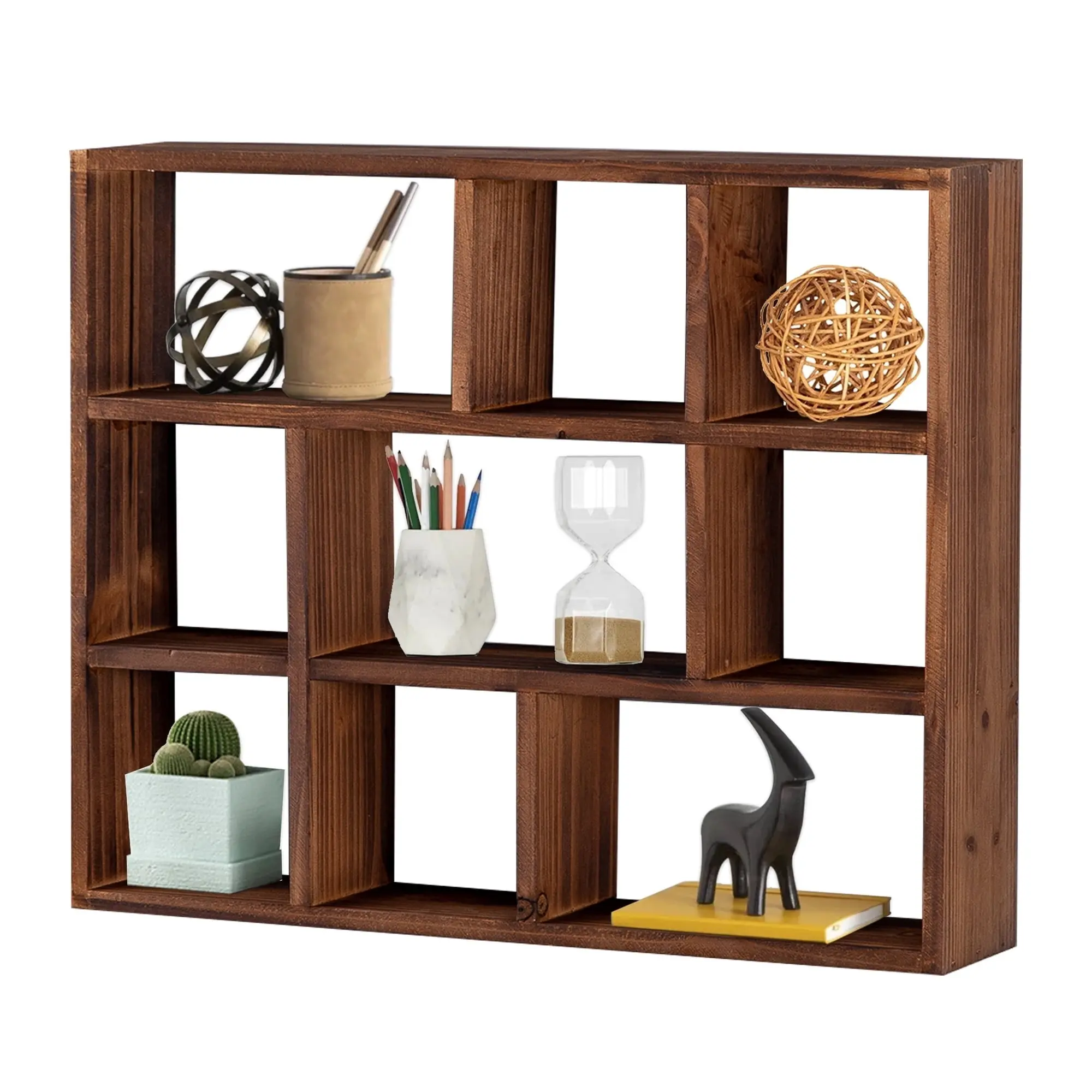 Rustic Brown 9-Cube Shelves for Wall Floating Shelves, Compartment Large Shadow Box Frame, Wall Mounted Curio Cabinet, Shadow Box with Shelves, Knick Knack Display Shelf