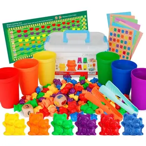 P-ITC082   Rainbow Counting Bears with Matching Sorting Cups, Number Color Recognition STEM Educational Toddler Preschool Math Manipulatives Toy Set of 90, 2 Tweezers, 2 Dices, 12 Cards, Container