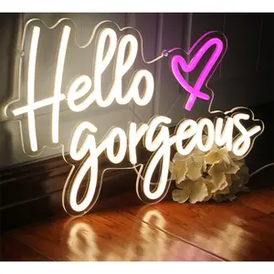 Hello Gorgeous Neon Signs White LED Light Hello Beautiful Wall Art  for  Decoration Wedding Birthday Backdrop Bacelorette Party Wth Dimmable (5V,16.5X11inches)