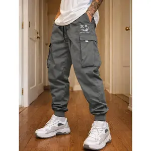 Men's Plus Size Loose Fit Cargo Joggers, Menswear with Pockets, Streetwear Letter Print, Elastic Waist Drawstring, Regular Length All-Season Casual Sports Pants