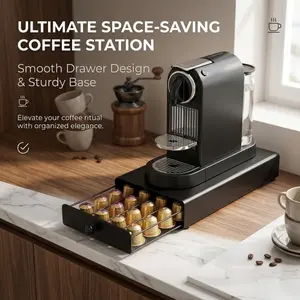 Space-saving coffee pod drawer holder, compatible with original coffee capsules. Made of black metal, the drawer slides smoothly with a stable base, ideal for kitchen countertop storage.