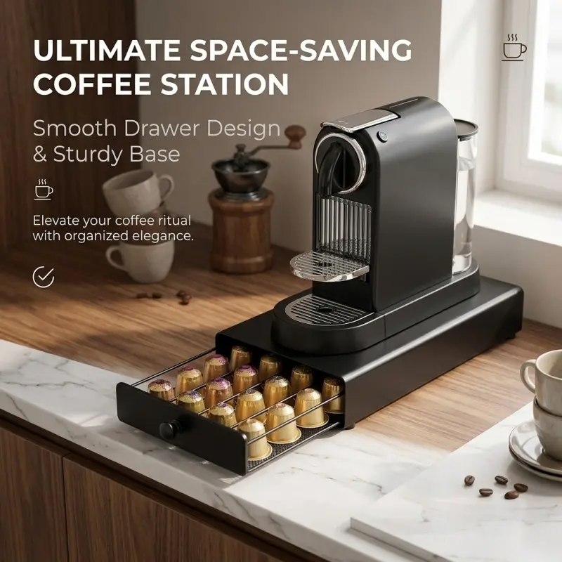 Space-saving coffee pod drawer holder, compatible with original coffee capsules. Made of black metal, the drawer slides smoothly with a stable base, ideal for kitchen countertop storage.