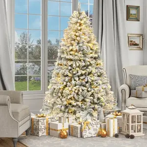 9FT Snow Flocked Pre-Lit Full Artificial Christmas Tree with Remote Control 2094 Adjustable Branch Tips 900 Pre-Lit Bulbs 11 Modes Sturdy X-Shaped Stand