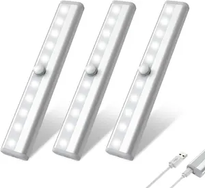 Motion Sensor Under Cabinet Lights USB Rechargeable LED Closet Lights, Wireless Magnetic Stick-on Cordless 10 LED Night Light Bar for Closet Cabinet Wardrobe Stairs Hallway, 3 Pack
