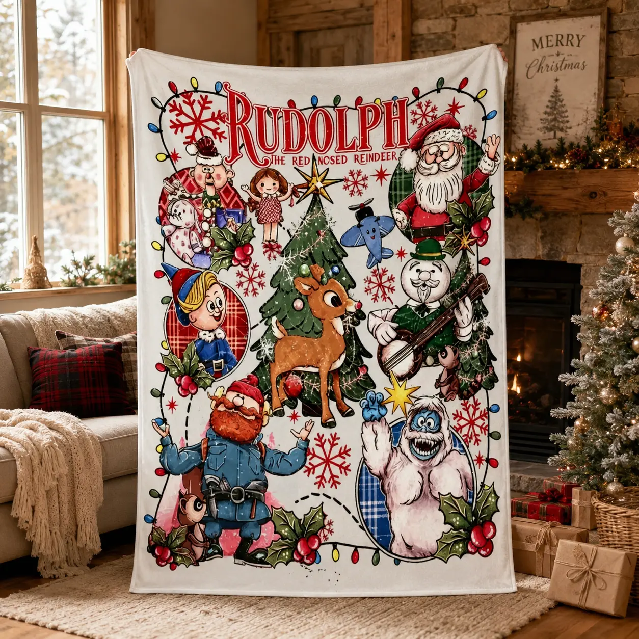 Vintage Christmas Cartoon Flannel Blanket, Cozy Holiday Throw with Santa, Reindeer & Winter Friends, Soft Plush Couch Blanket, Christmas Decor Gift