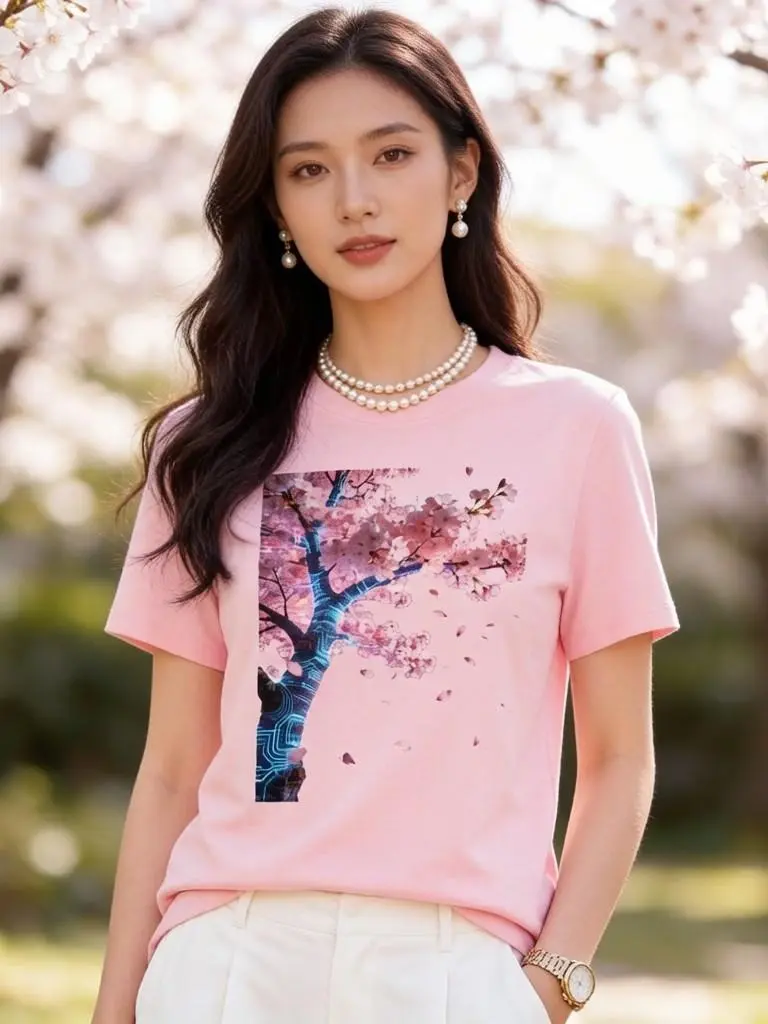 Women's Soft Retro Cyber Cherry Blossom Floral Print Oversized T-Shirt, Y2K Aesthetic Trendy Top, Versatile Layer for Jackets