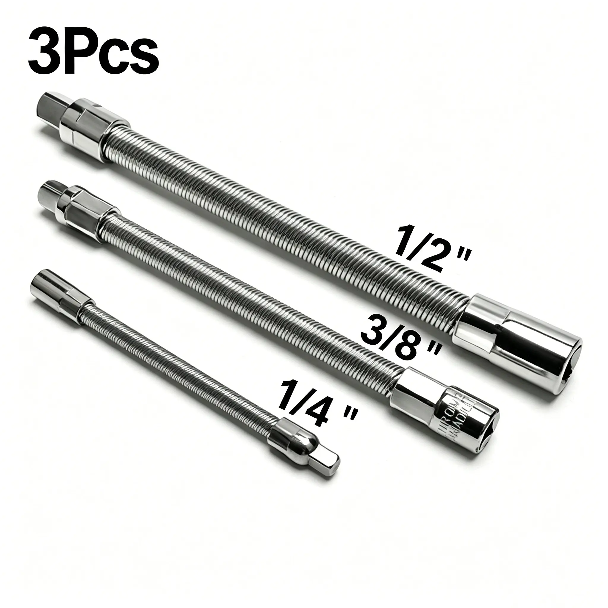 3pcs Flexible Socket Extension Bar Set Bendable Ratchet Wrench Extender with Wobble Function 1/4 3/8 1/2 inch Drive Adapter Lengths 145mm 205mm 250mm Silver universal