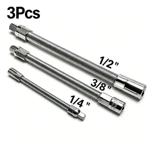 3pcs Flexible Socket Extension Bar Set Bendable Ratchet Wrench Extender with Wobble Function 1/4 3/8 1/2 inch Drive Adapter Lengths 145mm 205mm 250mm Silver universal