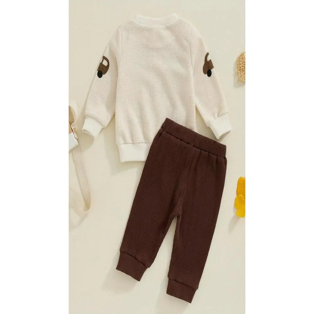 Toddler Boys' 2-Piece Track Suit, Geometric Car Print Waffle Cotton Long Sleeve Sweatshirt and Elastic Pants Set, Geometric-Pattern, Long Sleeve Shirt, Two-Piece Suit
