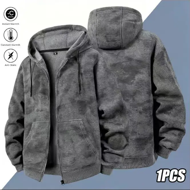 Men's Heavyweight Fleece Lined Zip Up Hoodie Jacket Vintage Washed Thermal Hooded Sweatshirt Front Pockets Warm Fall Winter Outerwear Male Apparel Clothing cozy soft cool clean chic active sporty casual premium classic stylish durable trendy relaxed comfy