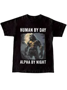 Dark Vintage Print T-Shirt, Street Style Casual Wear, Pure Cotton Breathable Loose Fit, Wolfman Alpha Dark Fashion, All Seasons