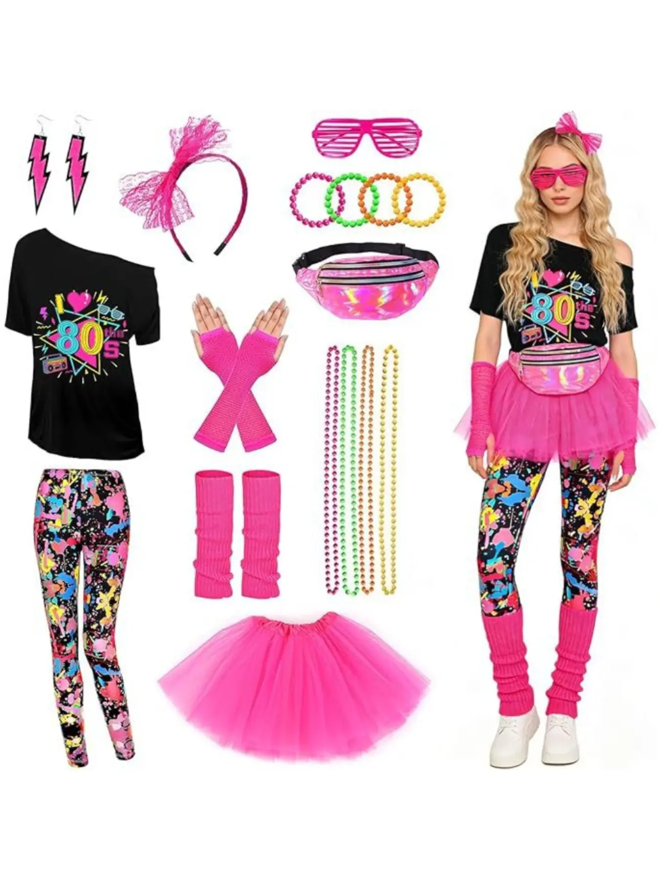 11pcs Set New 1980s Party Costume, Drop Shoulder Batwing T-Shirt Disco Prom Performance Outfit Accessories