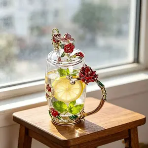 3pcs Chinese Enamel Coffee Cup Set, Includes Spoon and Lid, Lead-Free Crystal Glass Cups, Handheld Drinking Cups, Complete Set