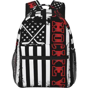 Hockey Stick American Flag Laptop Backpacks Double Shoulder Laptop Pack Bag Daypack Back Pack Bags Rucksack Computer Bag with Side Pockets Front Zipper Pockets For Commutes Travel