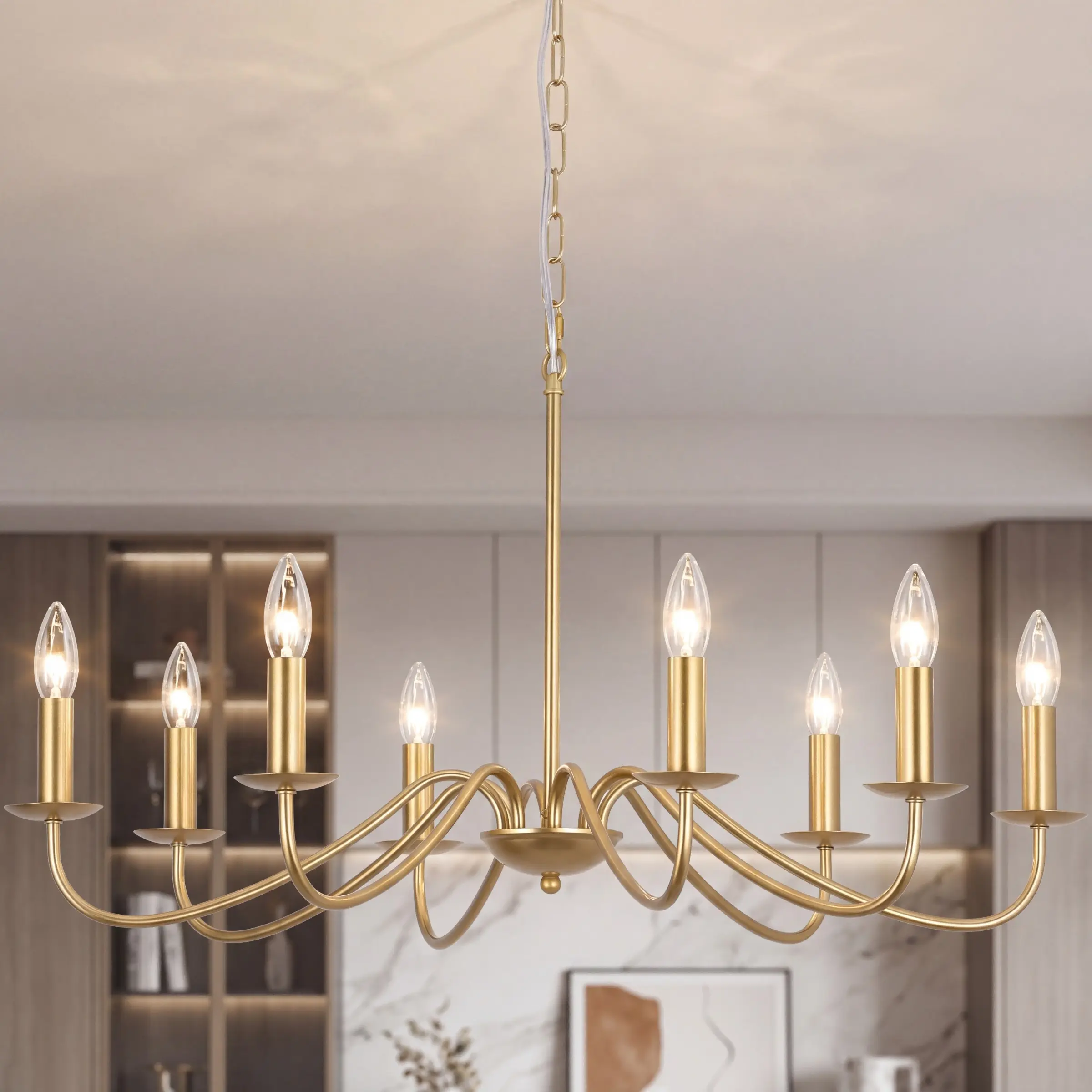8-Lights Modern Gold Chandelier Ceiling Lights Home Lighting for Living Room Bedroom Kitchen Hallway, Industrial Pendant Light Fixtures Gold Light Fitting with 8*E14 Base - Exclude Bulbs - Height Adjustable, Adjustable Indoor Lighting