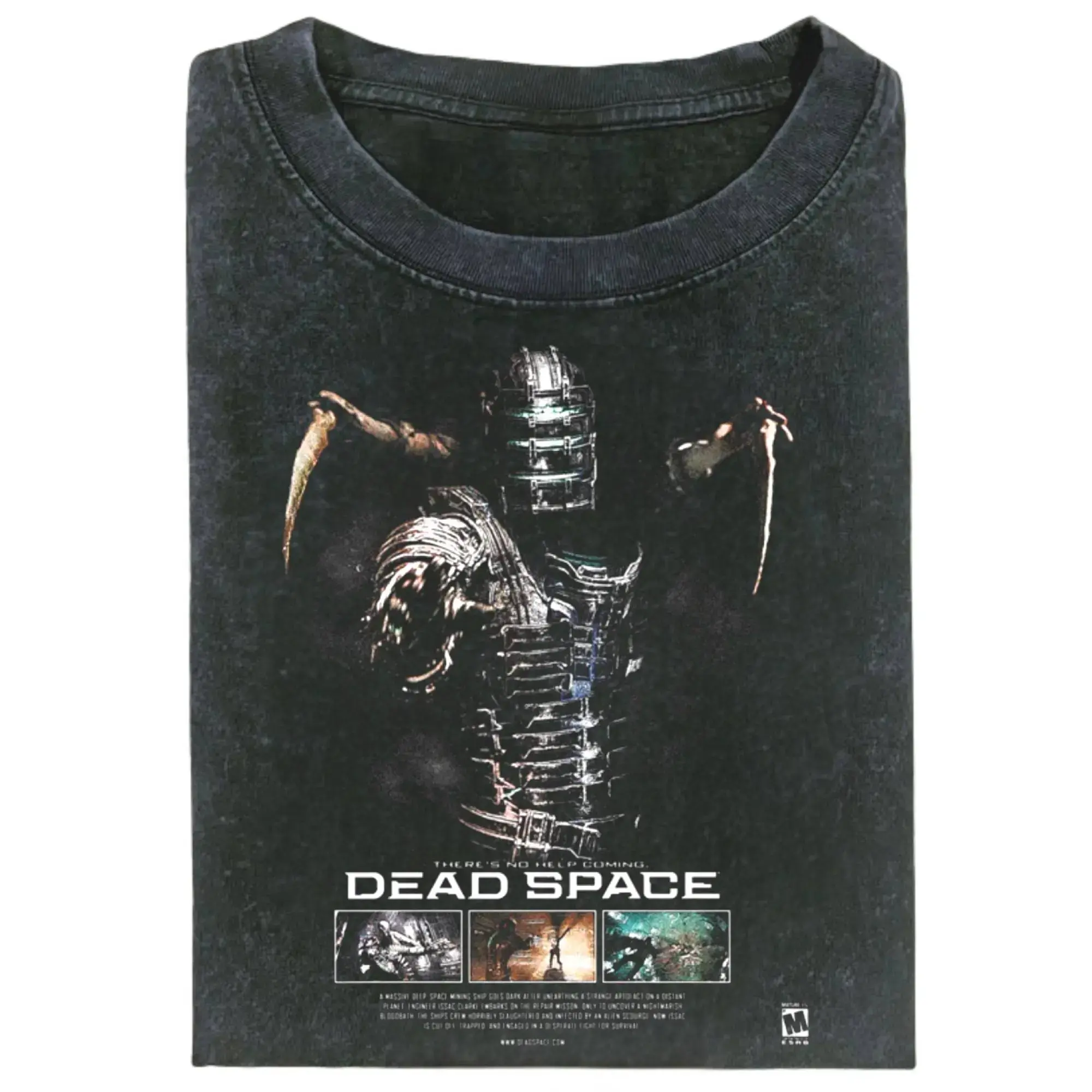 Vintage unisex Comfort Colors Dead Space Isaac Clarke graphic tee with glowing visor armor helmet, retro gamer streetwear print, soft pigment-dyed cotton in relaxed oversized fit.