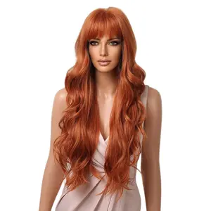 Women's Synthetic Full Machine-Made Full-Head Wig - Orange-Red, Middle-Parted, Long Soft Curly Hair, European-American Daily Style, Synthetic Curly Wigs, Soft Curly Wig