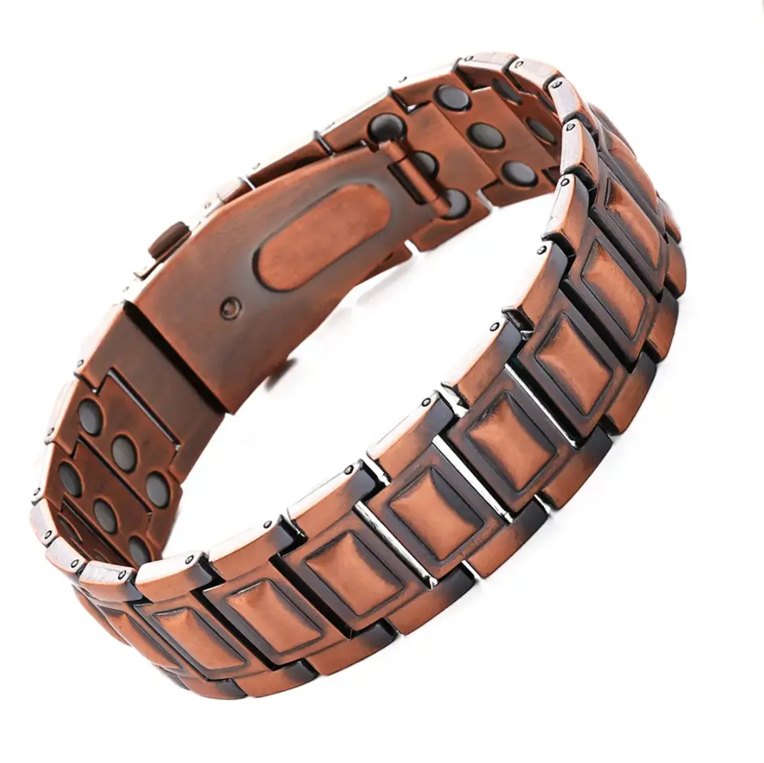 ARKENIA Men's Copper Red Geometric Links Bracelet - Casual Wear Adjustable Cuff with Rectangular Segments, Magnetic Inner, Unique Folding Clasp, Adjustment Tool, Jewelry Gift Box