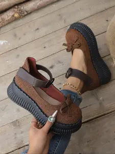 New Vintage Bowknot Chunky Mary Jane Shoes, Comfortable Stylish Design for All-Day Wear, Perfect Footwear for Outings, Wedge Shoes