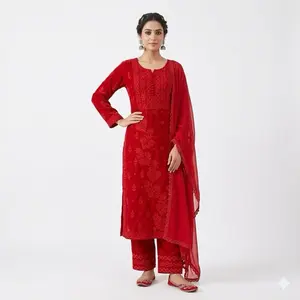 Indian Dress Chicken Karayi - Red Traditional Ensemble with Intricate Embroidered Patterns and Matching Pants for Womenswear - Original