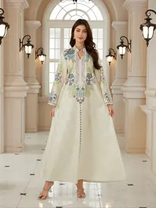 Women's Ramadan New Fabric Design Embroidered Dress Kaftan Robe Evening Gown Abaya Full Beaded Long Sleeve Loose Fit All Seasons Loose Abayas Floral Embellished Abaya