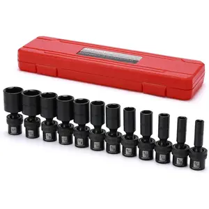3/8" Drive Deep Impact Universal Joint Swivel Socket Set, SAE, 5/16" - 1", Deep, Flexible Wobble, Chrome Molybdenum Steel, 12 count Set