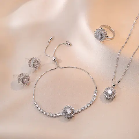 5PCS Flower Rotatable Jewelry Set Necklace for Women Trendy Micro Paved Zircon Rotating Fashionable Elegant Titanium Steel Necklace Bracelet Earrings Ring Set