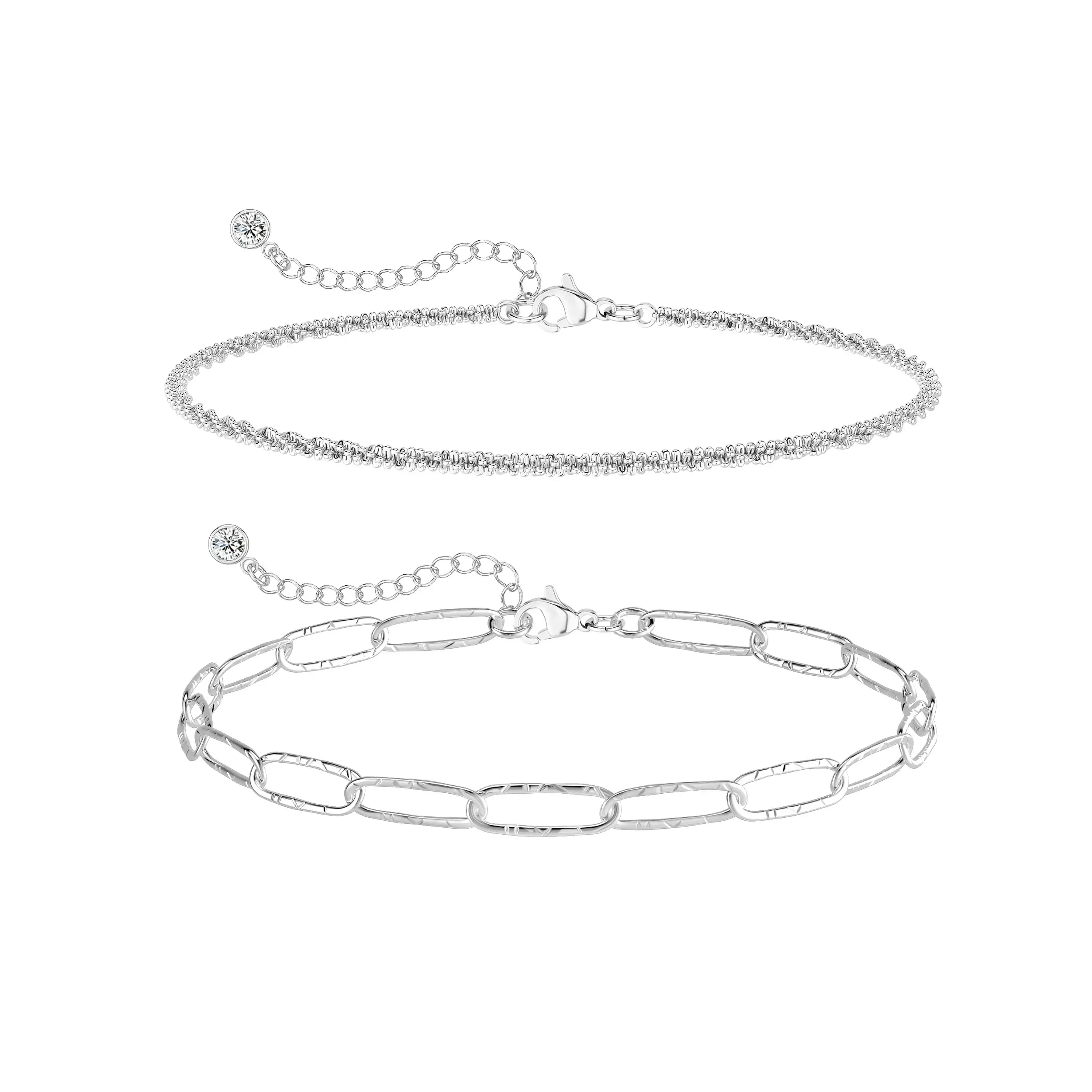 TEWIKY Women's 925 Silver-Plated Double-Layer Paperclip Chain Anklet with Star Charm, Valentine's Day Gift for Women