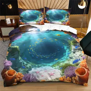 3D Romantic Coral Fish Print Duvet Cover Set, Includes 1 Fitted Sheet and 1/2 Coreless Pillowcases, Soft and Lightweight, All Seasons