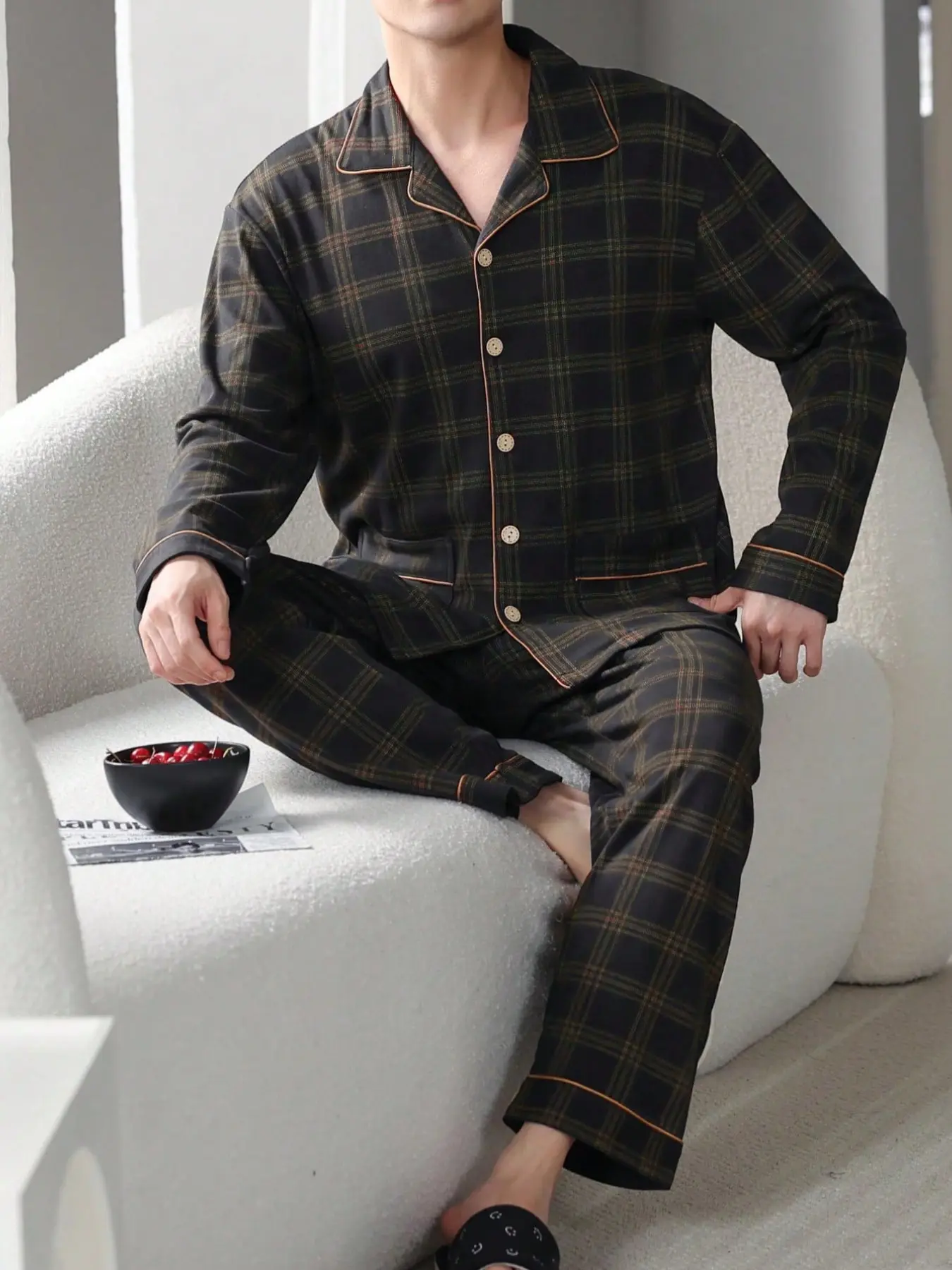 Men's 2-Piece Top and Pants Sleepwear Loungewear Set, Long Sleeve Plaid Checked Colorblock Pajamas, Loose-Fit Casual Spring & Fall Home Clothes, Comfortable Nightwear, Casual Comfy Pajama