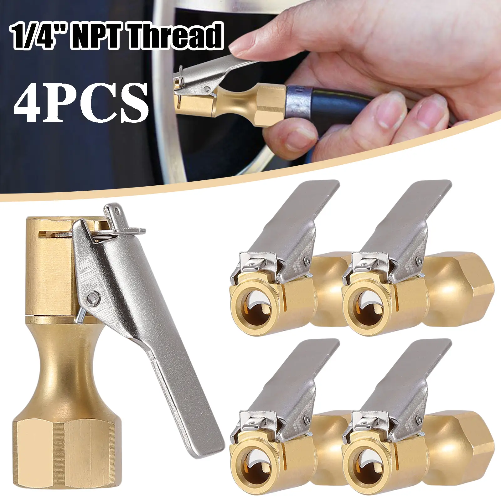 4PCS Heavy Duty Lock-On Tire Air Chuck with Clip – Open Flow Brass Design, 1/4" NPT for Inflator Gauge