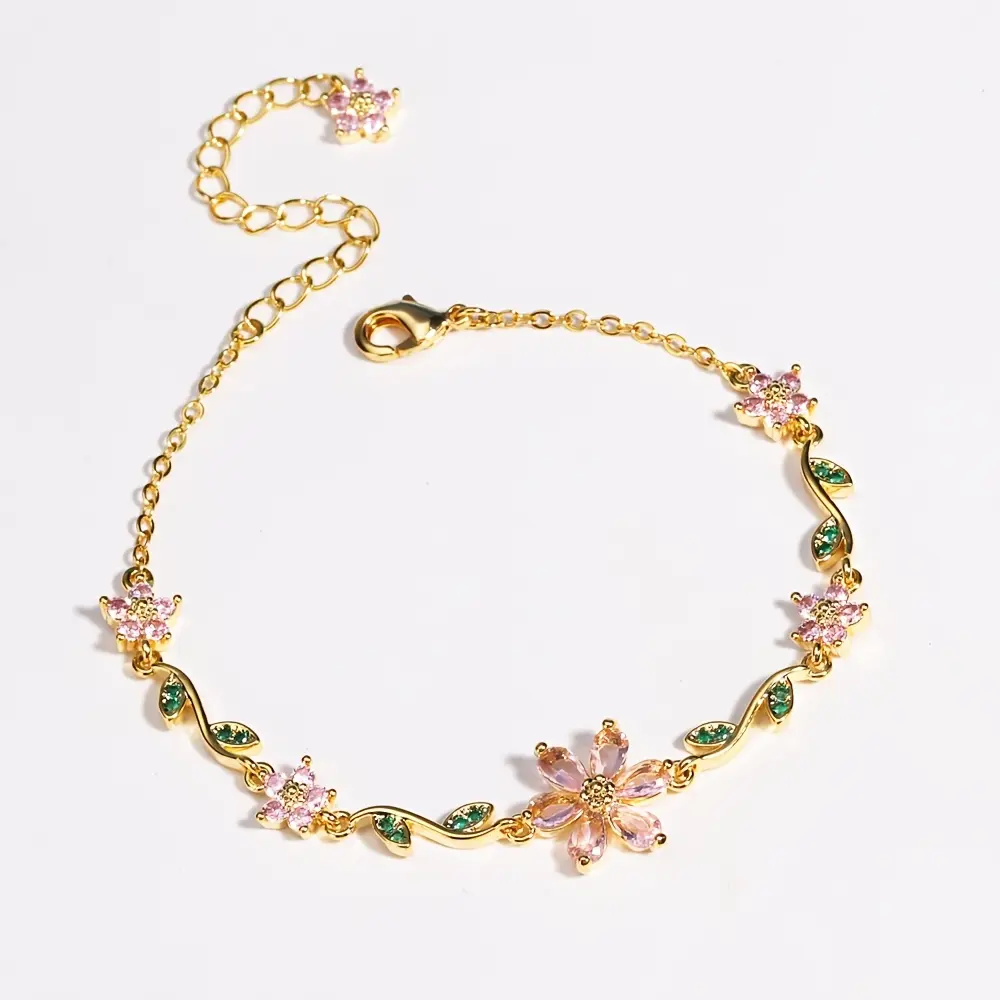 Ladies' Fashion Bracelet - Sweet Floral Theme Bracelet Featuring Golden and Silvery Chains with a Copper Frame. Adorned with Pink Flowers and Green Leaf Designs, It Is Embellished with Sparkling Synthetic Synthetic Zirconia for an Exquisite Luster.
