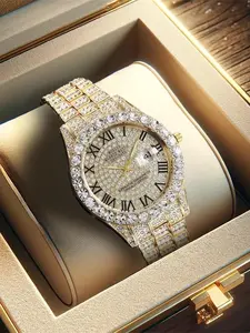 Men's Business Rhinestones Roman Scale Watch, Fashion Watch with Day Date, Daily Clothing Decor, Trendy All-match & Exquisite Watch for Birthday Gift with Box, Rhinestone Wrist Watch