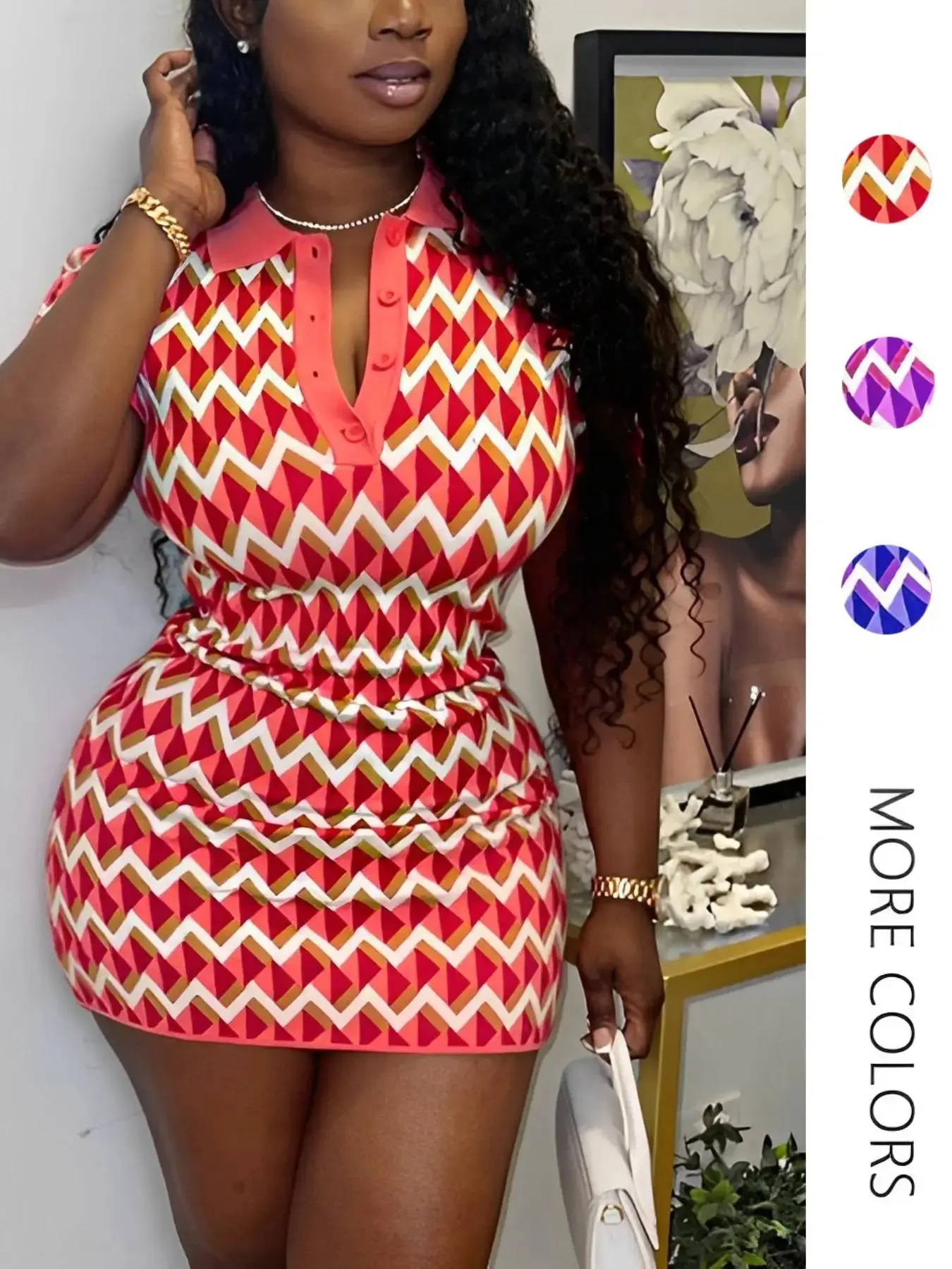 Women's Chevron Print Button-Front Bodycon Mini Dress, Sleeveless Polo Neck Summer Dress for Daily Wear, Casual Chic Outfit, Bodycon Shirt Dress