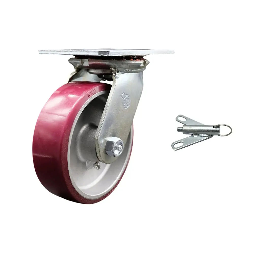 Service Caster SCC-35S620-PAB-BSL Heavy Duty Metal Ball Castors, Large Top Plate Polyurethane-on-Aluminum Swivel Caster with Maintenance-Free Bearings, 6x2 in. Maroon Wheel, Bolt-On Swivel Lock, 1200 lbs Capacity