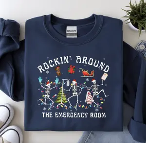 Christmas ER Nurse Sweatshirt T-Shirt, Rockin Around Skeleton Christmas Shirt, Christmas Emergency Room RN Hoodie, Christmas Emergency Department Shirt, Nurse Shirt, Nurse Gifts, Xmas Nursing Outfit, Unisex Casual Cotton Crewneck Streetwear For Her Him
